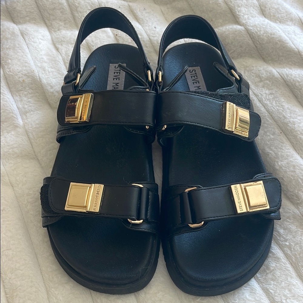 Steve Madden Black Sandals with Gold Accents